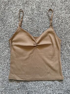 American Eagle Outfitters Tan Brown Ribbed Ruched V-Neck Tank Top